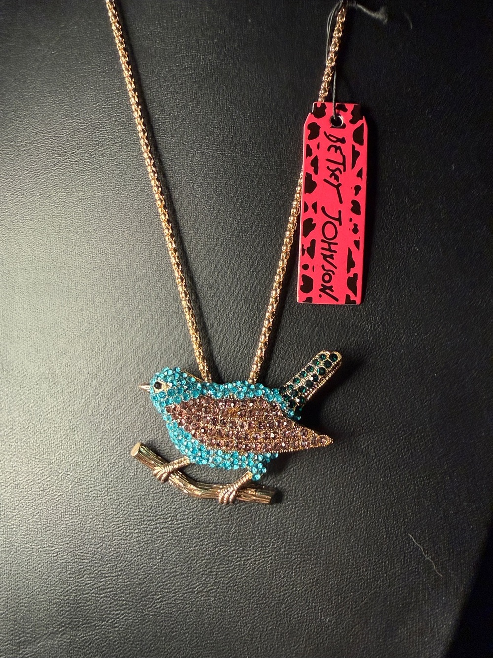 Betsey Johnson Turquoise & Brown Crystal Bird on Gold Chain Necklace